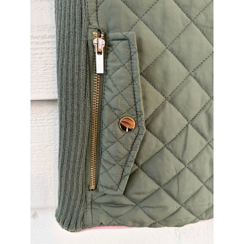 Miami Olive Green Quilted Puffer Vest Pink Trim Zip Front Women’s Medium - Picture 6 of 7